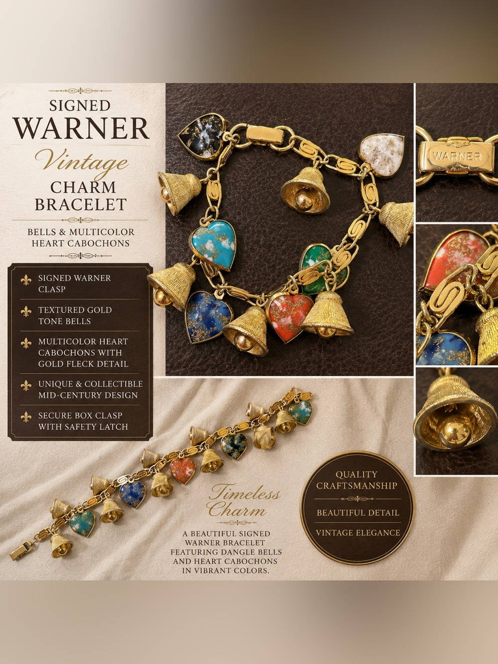 Signed Warner Vintage Gold Tone Charm Bracelet Bells & Multicolor Cabochons